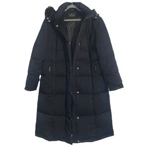 Utex Design Womens L Parka Down Puffer Coat Hooded Fur Quilted Black Long Jacket